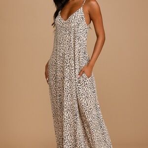 Lulus Walk On The Wild Side Beige Leopard Print Sleeveless Maxi Dress - Size M